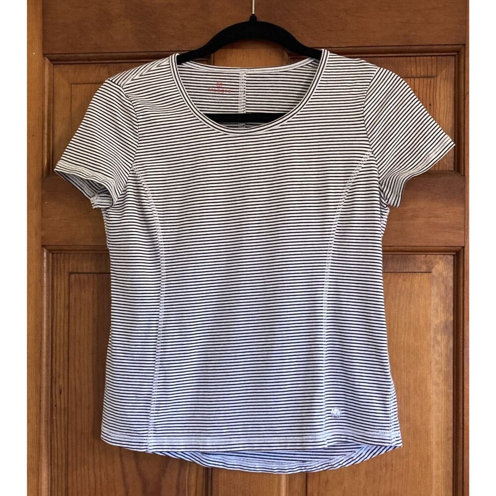 T by Talbots Women's Petite M Short Sleeve Black White Stripe Athleisure Top